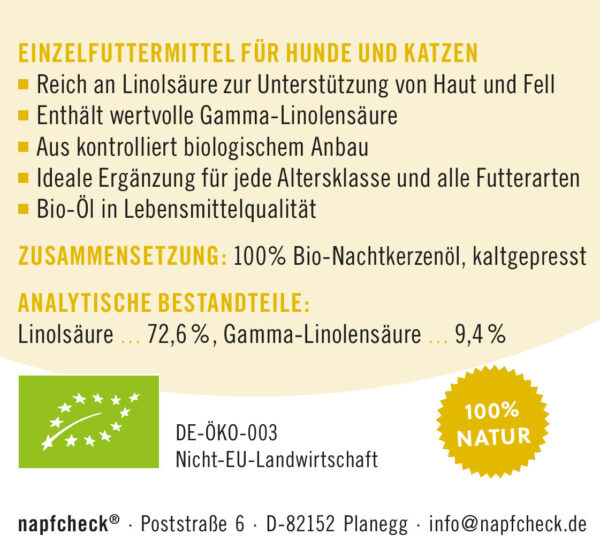 napfcheck Bio Nachtkerzenöl kaltgepresst - für Hunde und Katzen – Bild 3